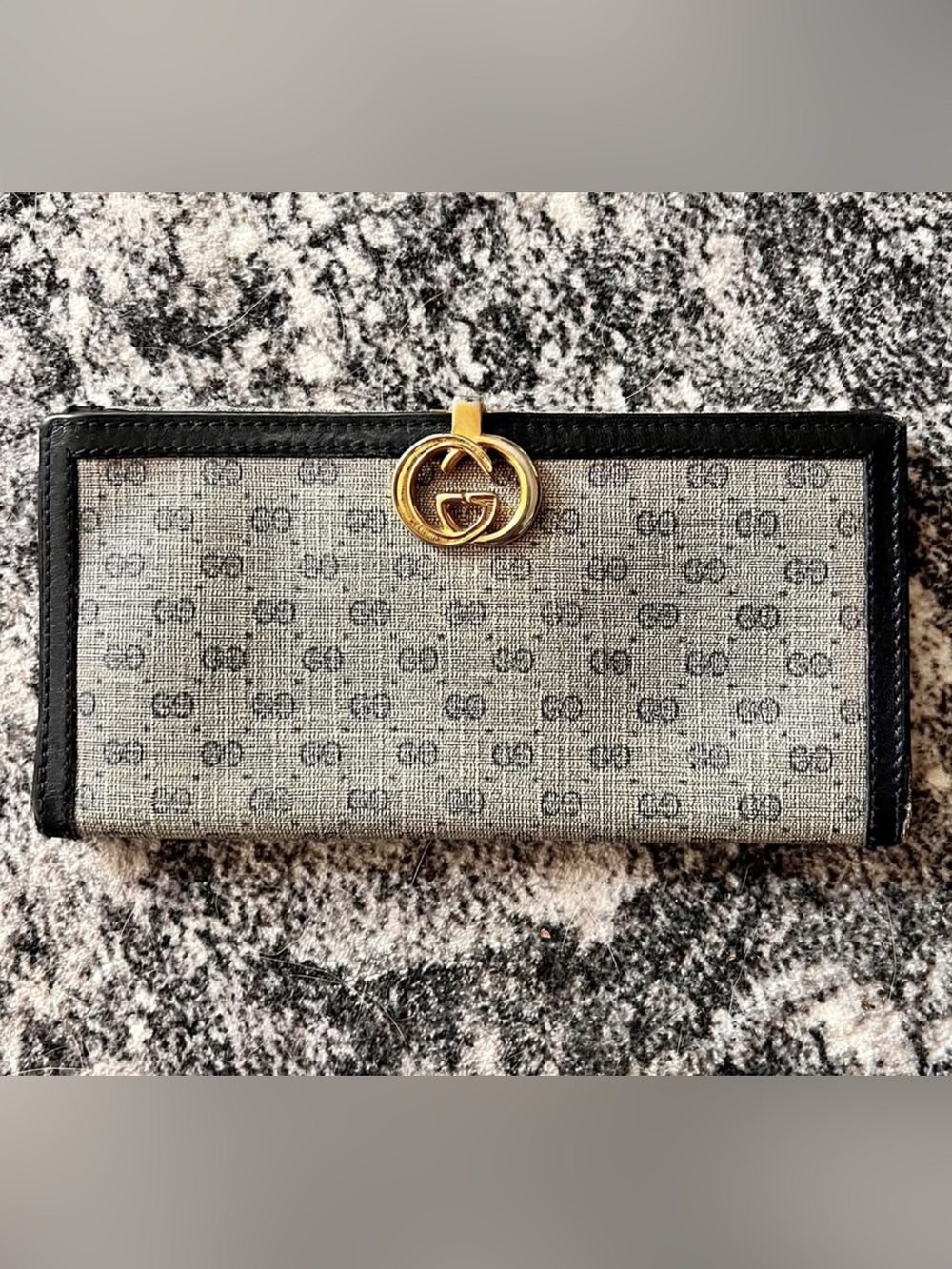 Gucci Beige GG Canvas Clutch with Gold Logo and Black Trim